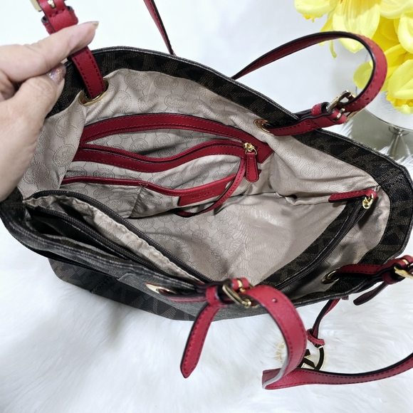 Michael Kors Jet Set Brown/Cherry Signature Logo Tote Shoulder Bag - Picture 15 of 16